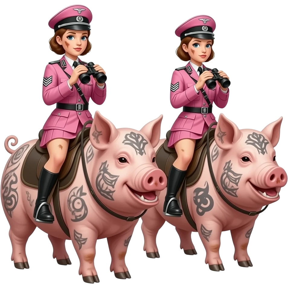 aesthetic brilliant divine lighting, oil paint - Two skinny and dirty female riders in pink World War II German army uniforms ride jumps on large tattooed pigs with binoculars in their hands emoji