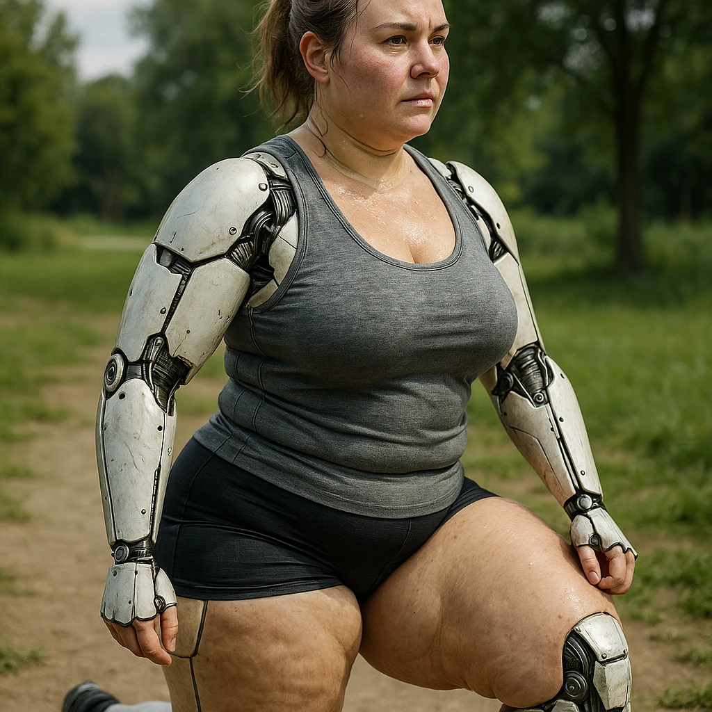 hyper realistic 4K gynoid woman training outdoors, fat on legs and thighs, realistic details, natural background emoji