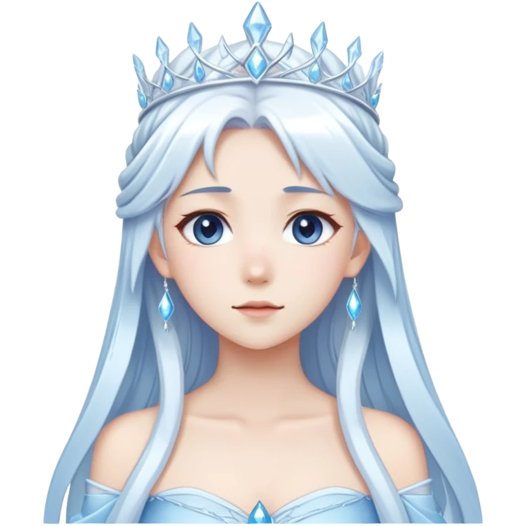 Beautiful anime ice queen with white long pretty hair with light-blue streaks, wearing an icy thin long dress and a silver tiara emoji