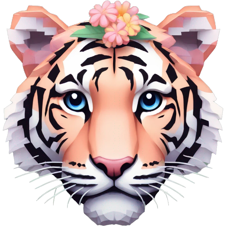 Pixel art of a pixel pink peach beige blue cream pastel pixel tiger wearing tropical flowers and leaves, flower crown, floral, pixel emoji
