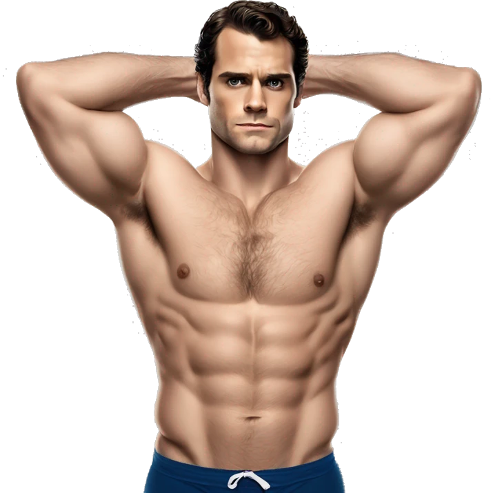 Henry cavill in a jock, backwards view, stretching glutes emoji