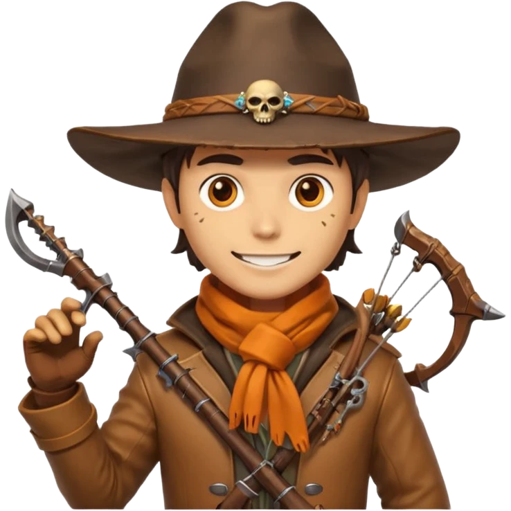 male human monster hunter emoji, wearing brown leather coat and wide hat, holding crossbow or rifle, with amulet shaped like skull, Halloween fantasy theme, confident smile, orange scarf, Apple emoji style, clean white background, square image emoji