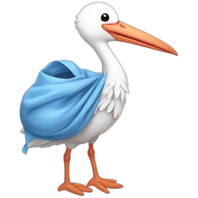 White stork carrying a blue bundle of cloth in its big beak that has a cute human person cute baby boy inside and his head is peeking from the fabric the strok is carrying in its beak emoji
