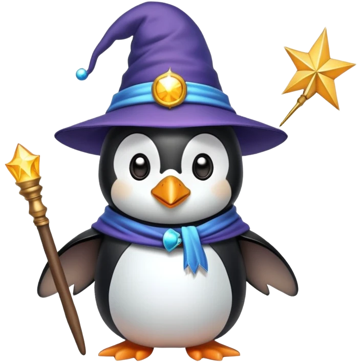 penguin wizard with magic wand and pointed hat emoji
