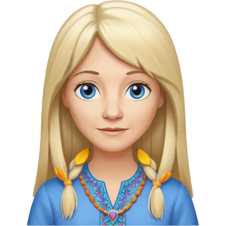 50 yr old white woman, hippie part bangs, very long straight blond hair, oval face, small smile, blue eyes, thin face, hair downback, hair parted at center of head, round cheeks, pale, longer hair, dress shirt emoji