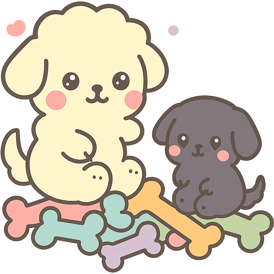 Make the black dog smaller compared to the cream dog, keeping the kawaii chibi style. Leave the cream dog and the pile of colorful bones unchanged. Transparent background. emoji