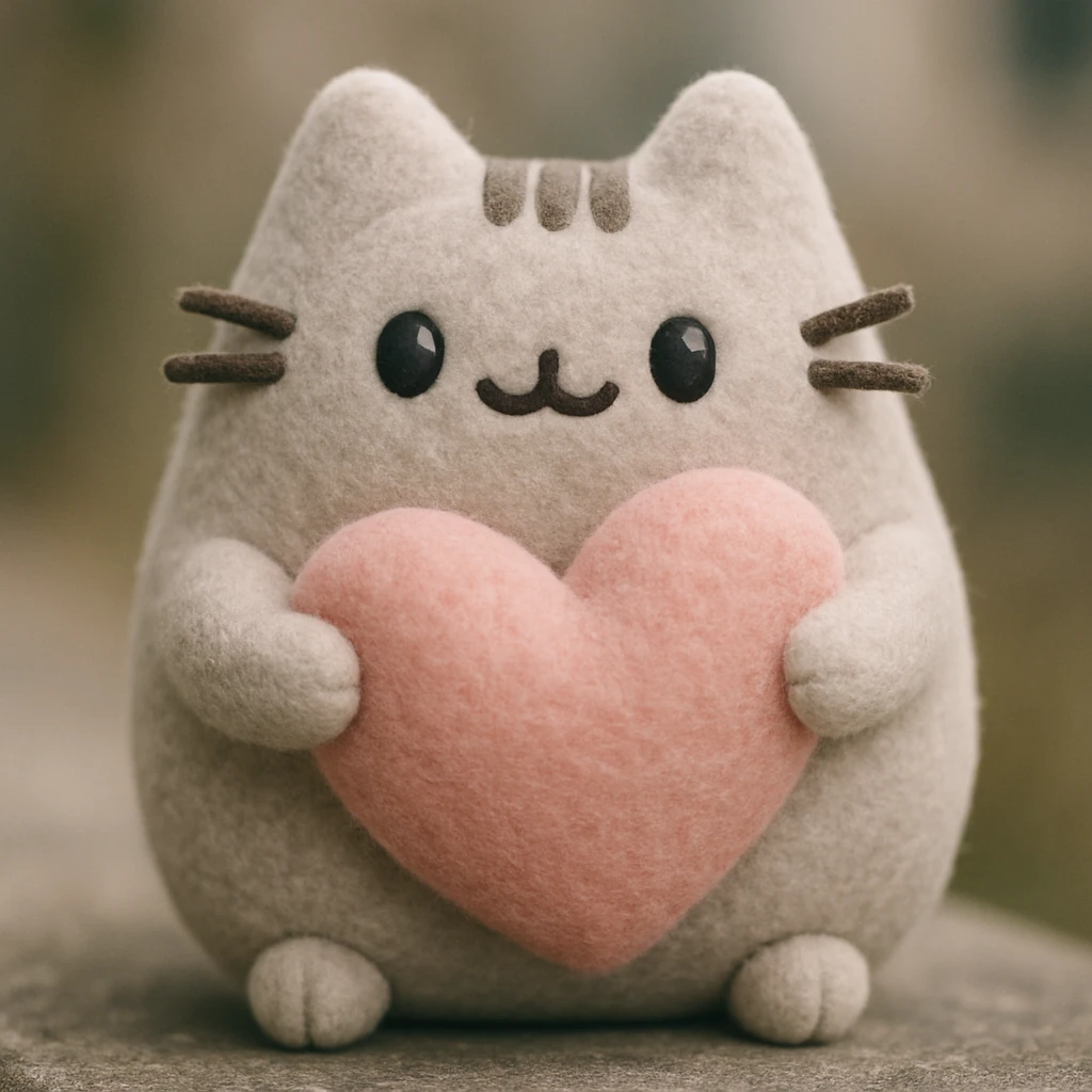 Pusheen hugging a big heart, pastel colors, adorable, plush portrait style emoji