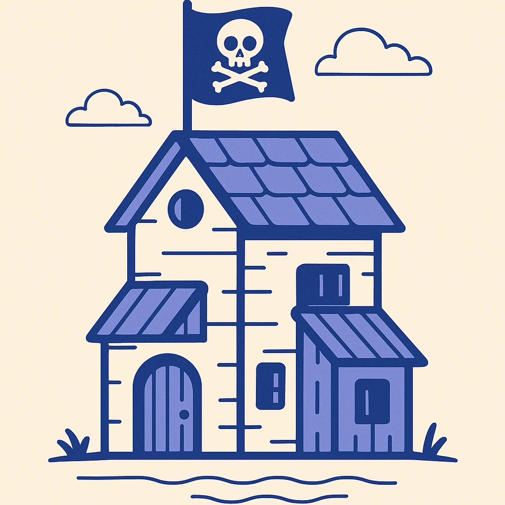 old pirate's house with skull flag emoji