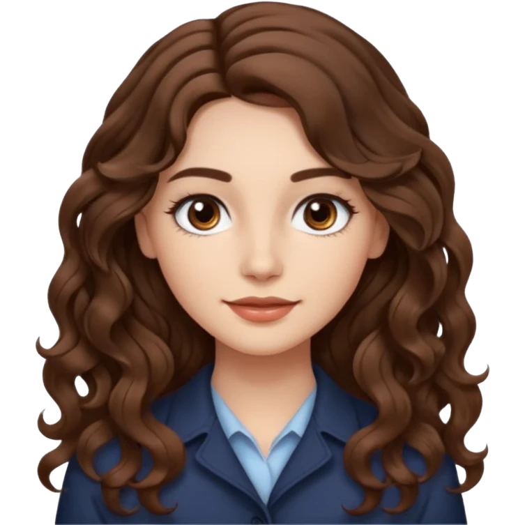 She has long, brown hair styled in soft wavy curls with a middle part. She has well-shaped eyebrows and dark brown eyes. She is wearing light makeup that highlights her natural beauty and is offering a slight smile to the camera.  emoji
