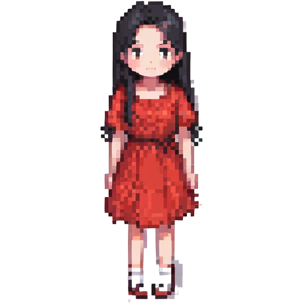 Lilo-inspired girl, pixel art style, red dress, black hair, simple and cute emoji