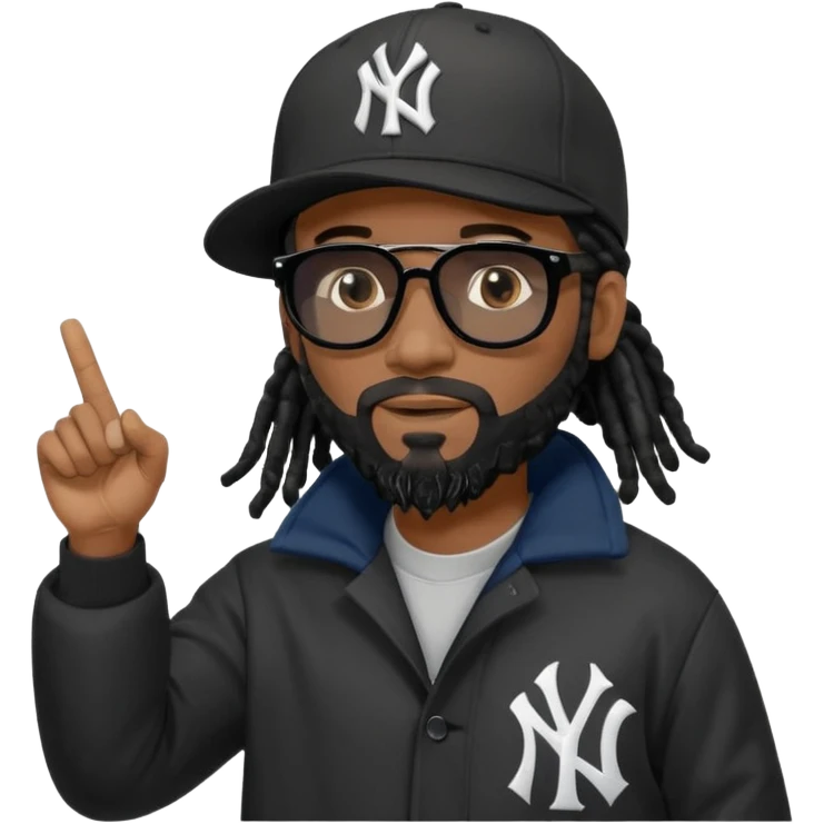 African American man with shoulder length black dreadlocks with black beard wearing black sunglasses wearing a New York Yankees logo baseball cap wearing a dark black bubble winter coat hand pointing out emoji