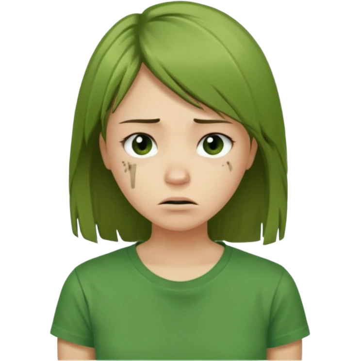 Chica joven con el pelo liso y dañado, descuidado, camiseta verde, con cara triste y desanimada emoji