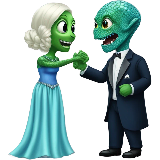 alien reptilian green skin woman, in long slim pastel blue formal party satin dress with gradient shiny sparkling navy blue diamonds embroidered , and caucasian man in black dres on his knees asks her to marry her emoji