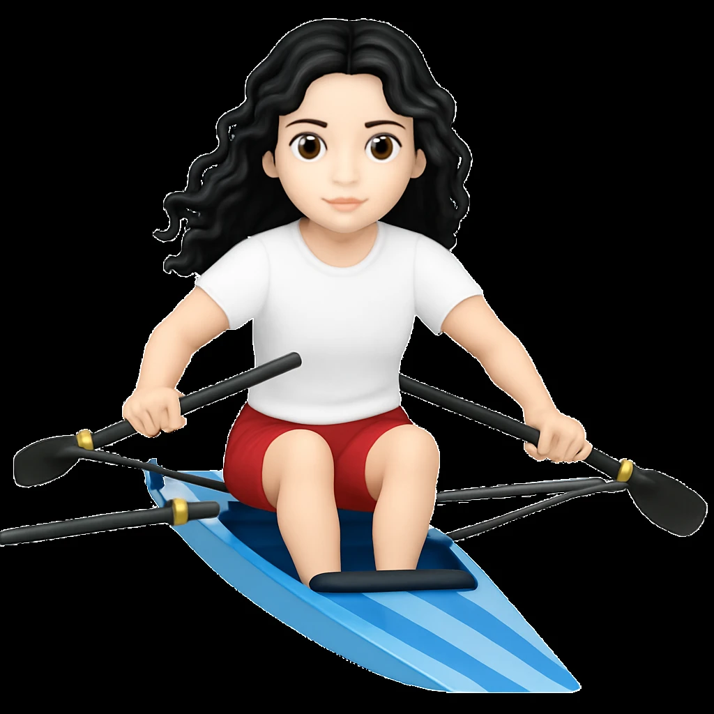 Kızın tenini daha beyaz yap, siyah uzun dalgalı saçlı, kırmızı şort ve beyaz kısa kollu tişörtle olimpik kürek sporu yapıyor emoji