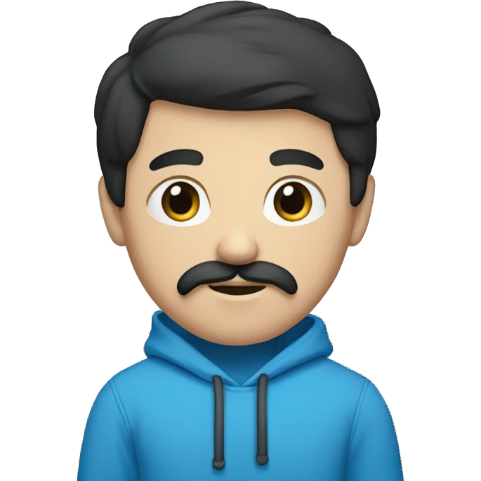 caucasian men with black hair, mustache blue hoodie emoji