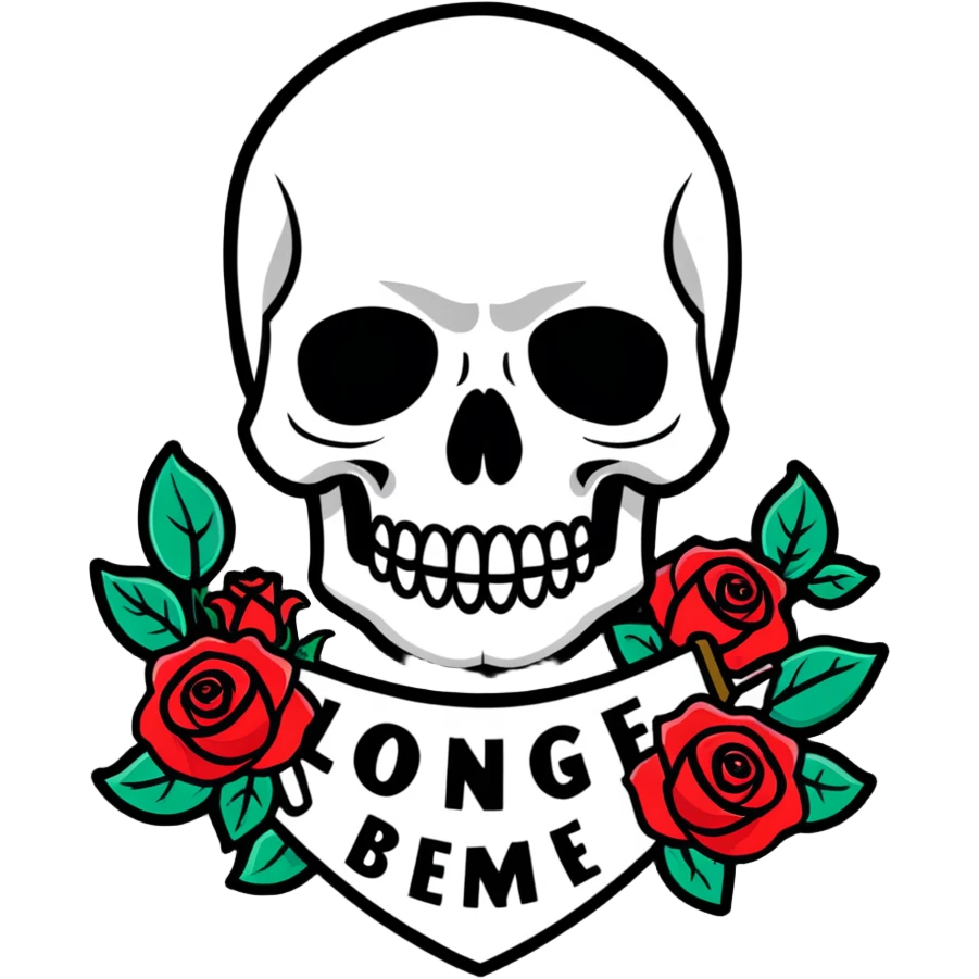 Traditional Americana tattoo art skull with bold outlines, red roses, and a banner emoji