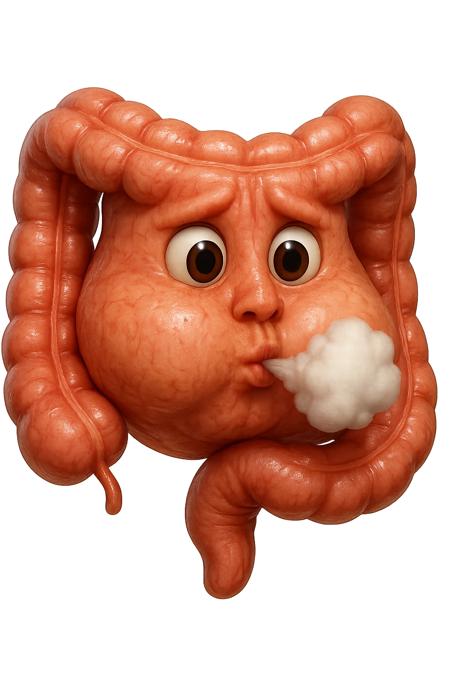 emoji stile iphone di un intestino che ingoia una nuvoletta di aria ben visibile e gli si gonfia la pancia, non fargli il naso, iperrealistico 4k emoji