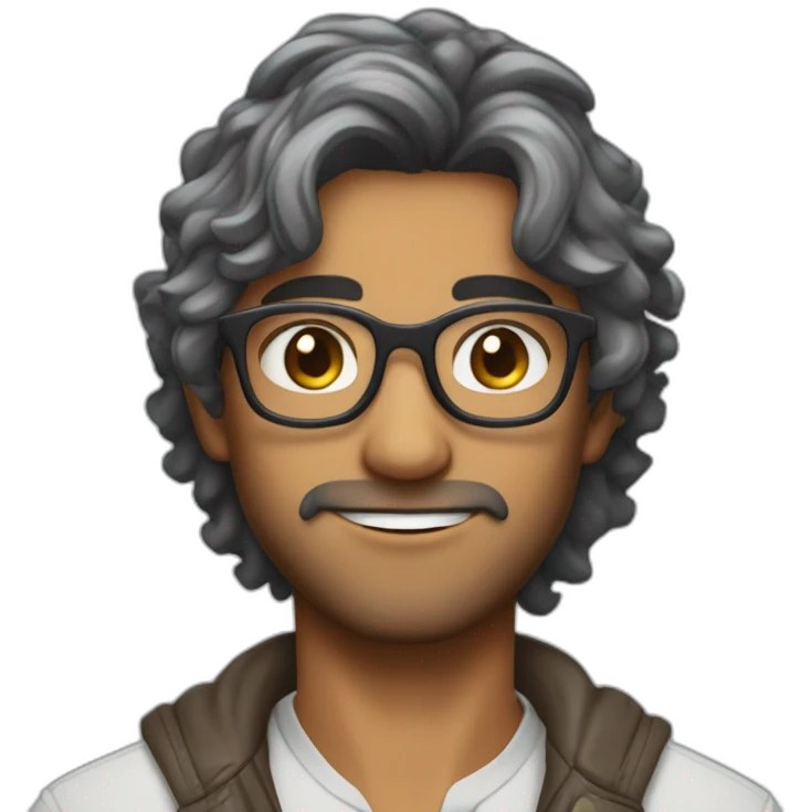 Indian guy with eren jaeger like hair style with curly hairs wearing grey colour transparent glasses emoji