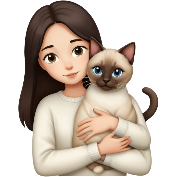 a girl with long dark brown hair, in a white sweater, hugs a Siamese cat emoji
