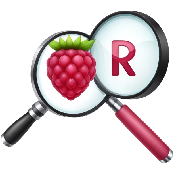 A raspberry R letter holds a magnifier emoji