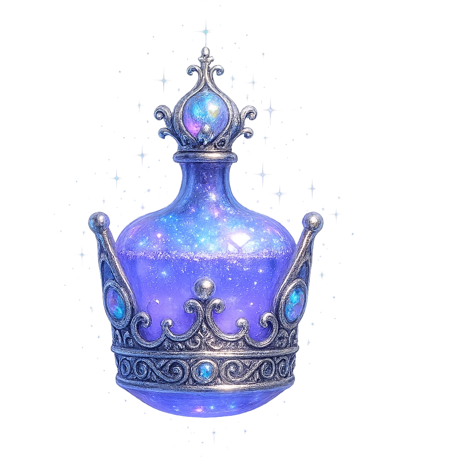 small luxurious crystal elixir bottle in crown shape, color #7986cb, ornate silver and iridescent details, maximum magical glowing and sparkling effects, very small neck, seamless bottom, bottle clearly floating in air, no base or shadow, modern, collection style emoji