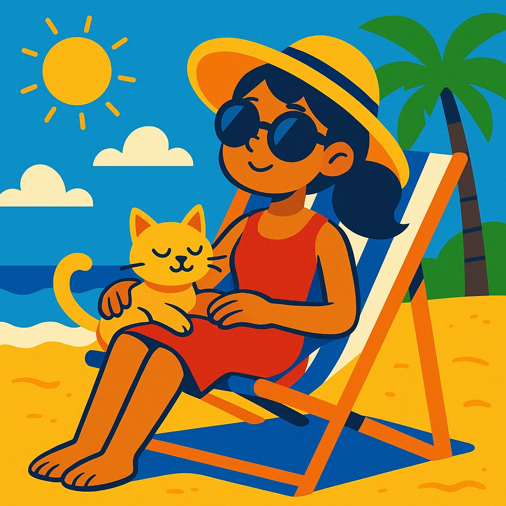 girl sitting in a beach chair with her cat, sunny summer day, vibrant toon style emoji