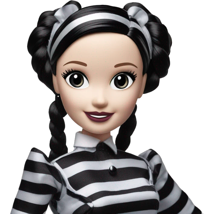 Silkstone Lingerie Barbie. 1999 teen Wednesday Addams from academy. Smiling. Dark-gray and black striped outfit. Very Pale-white porcelain skin.  emoji