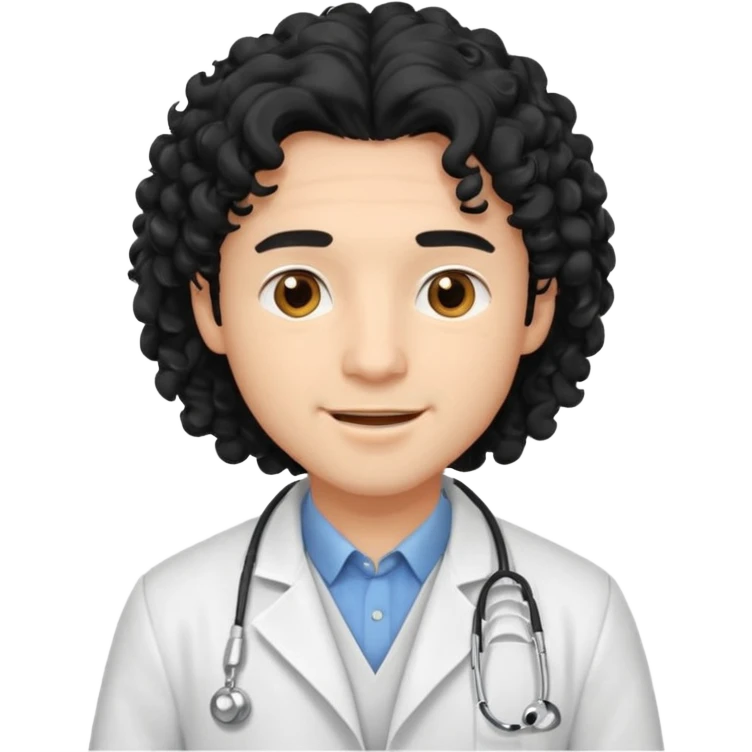 a young male doctor with black long curly hair and cheerful face emoji