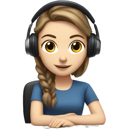 white girl at desk, brown hair, ponytail, blue eyes, computer, headphones emoji