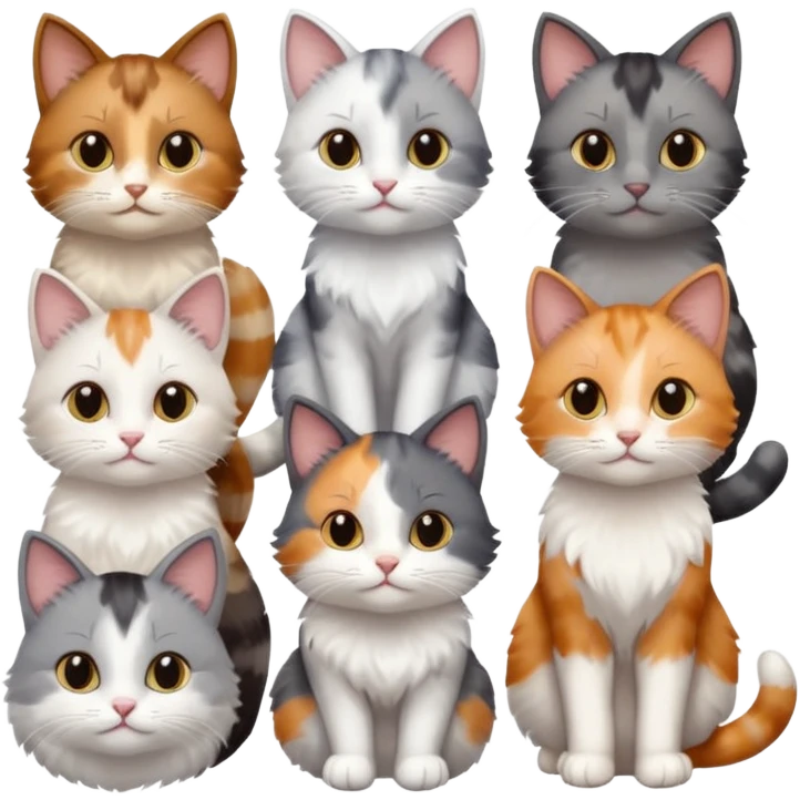 6 realistic looking cats with different natural coloured coats, assorted grey and white, greys, calico, brown and white colours etc
 emoji