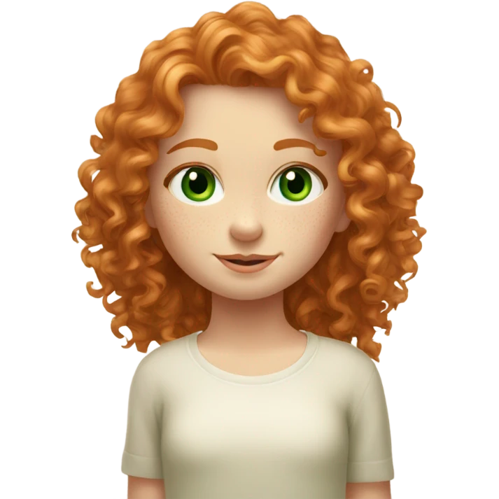 a ginger curly girl with long hair, delicate freckles and face, green eyes and elegant aesthet emoji