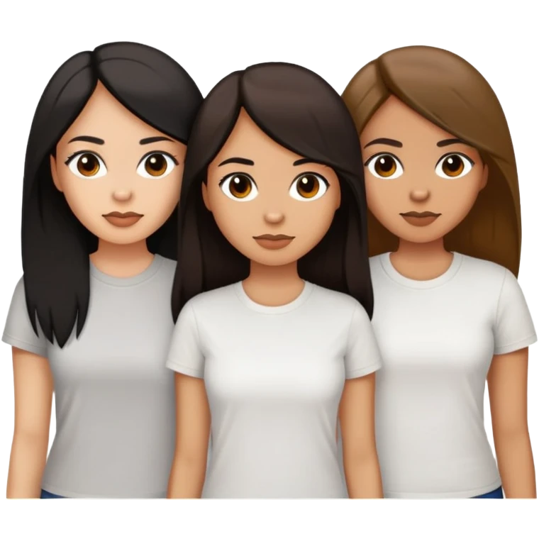 Three women, light skin with dark brown long hair, tan skin black long hair, and tan skin dark brown short hair, white tee emoji