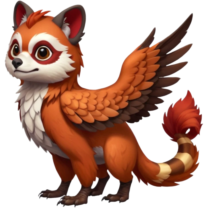 A beaked beaky 4-legged, feral, digitigrade, lanky, elegant, Gryphon-Griffin-Griff-Avian-hybrid, with Red-Panda-colors and markings, full body, cute, realism, hyper-realistic  emoji