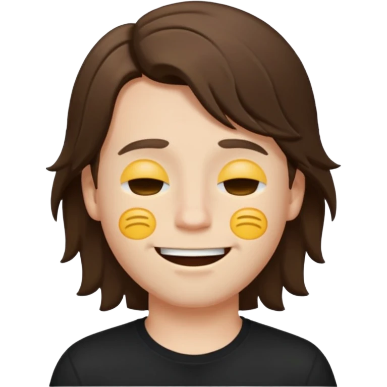 front emoji of a white boy with large brown hair, semi-closed eyes, wide open mouth, black shirt, simple emoji style, clear facial features emoji