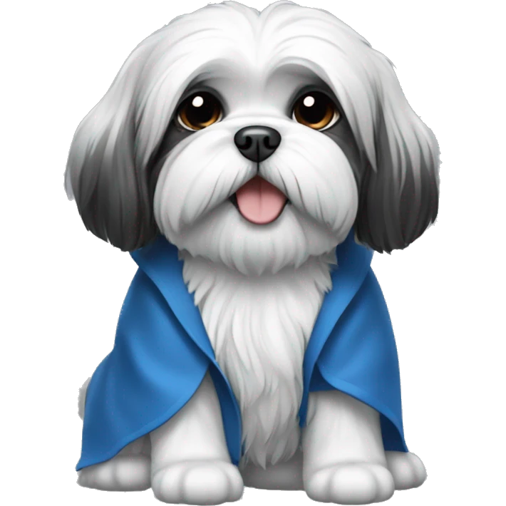 Black and white Lhasa apso dog wearing blue coat  emoji