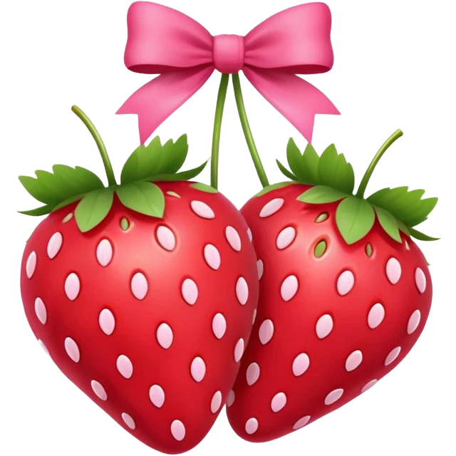 Two strawberries with a pink bow on the stem, with a pink background and white dots emoji