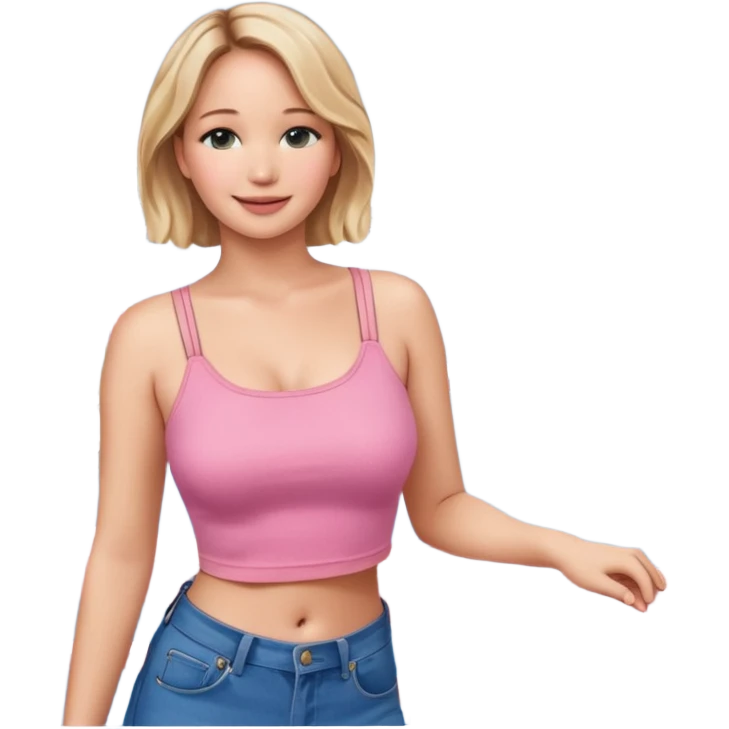 jennifer lawrence, pink crop top, and blue jeans, leaning on a balcony with a harbor and cityscape in the background, smiling emoji