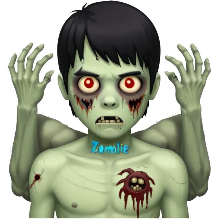 Menino de cabelo liso preto com franja zumbi sem camisa emoji