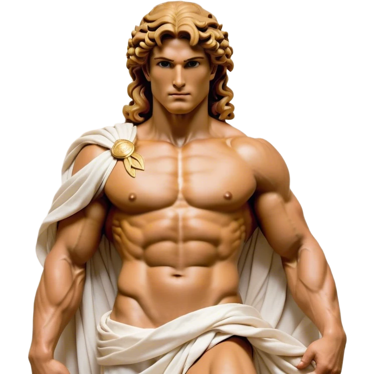 Cinematic Realistic Hercules Portrait, depicted as a classical Greek hero merging the fierce masculinity of Hercules with the refined face of Michelangelo's David. His light tan, chiseled skin glows with timeless strength, and his thick, curly, golden brown hair cascades in natural, sculpted curls reminiscent of a warrior’s mane. Draped in a flowing white robe with delicate golden accents and crowned with a traditional Greek laurel wreath, his intense, determined eyes exude noble might, all rendered under dynamic natural lighting with a mythic, radiant glow. emoji