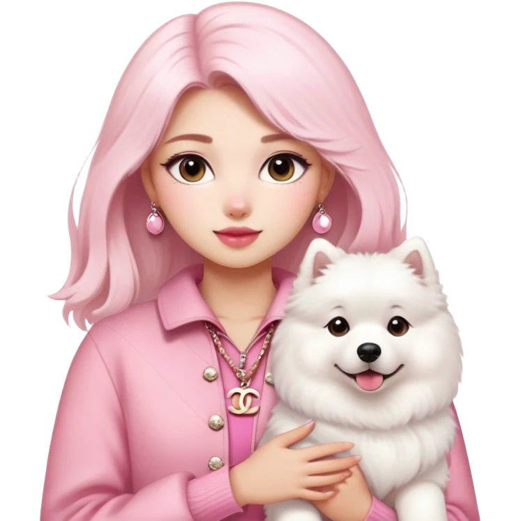 girl in pink Chanel-style outfit with white Samoyed dog emoji