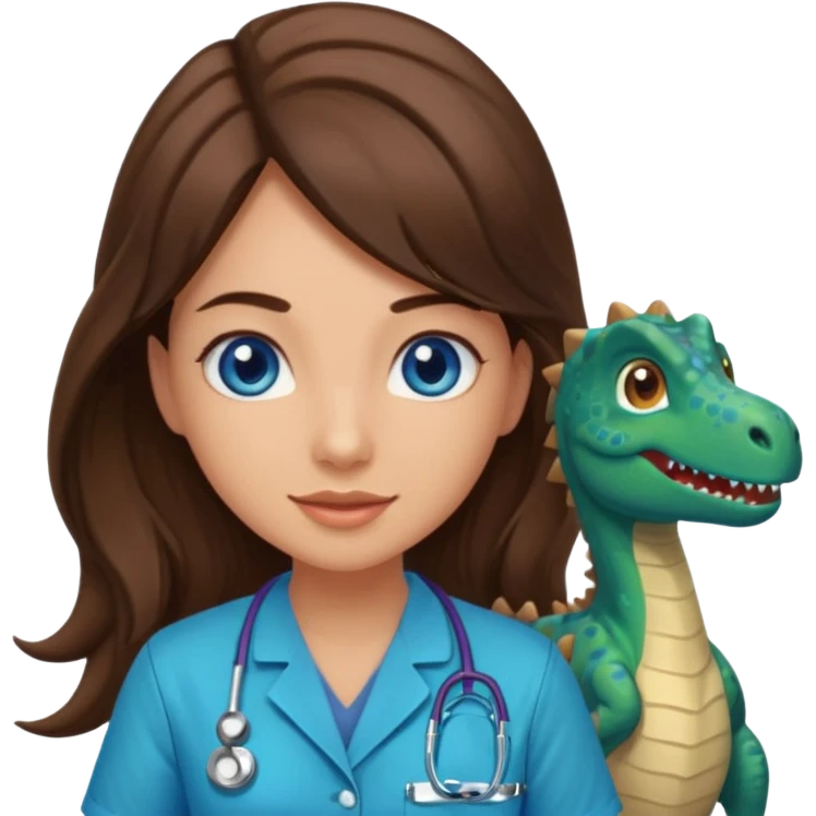 pretty brunette nurse with long hair and blue eyes in dinosaur scrubs emoji