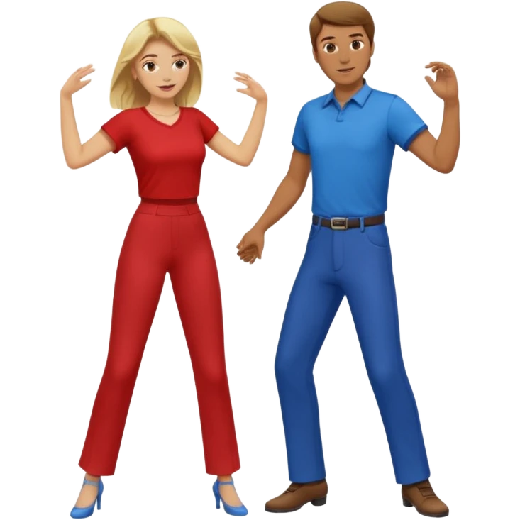 Two people dancing. Man in red shirt and pants with brown hair. Women in blue shirt and pants with blond hair. emoji