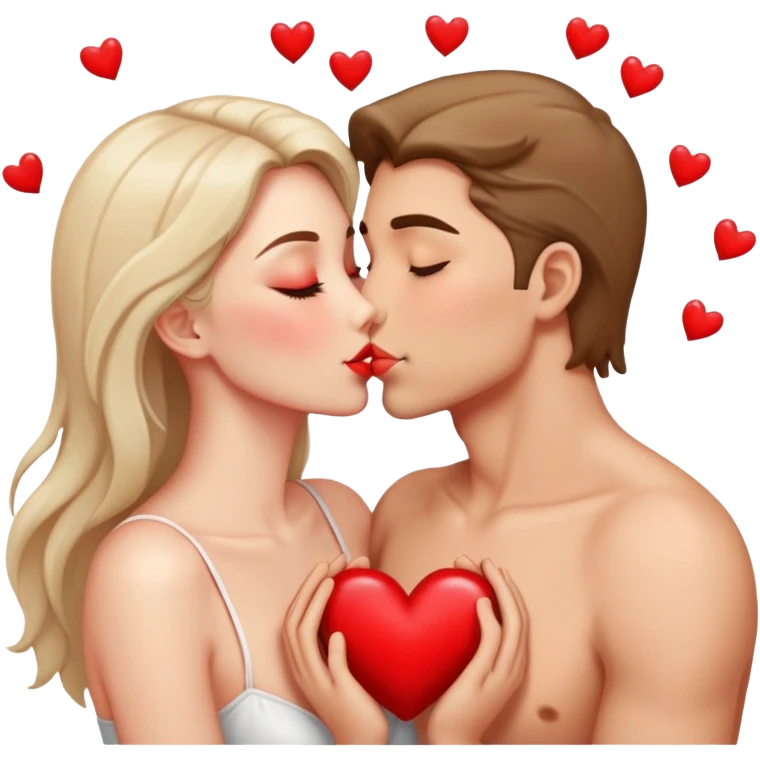 Two people sharing a passionate kiss with heart symbols around them emoji