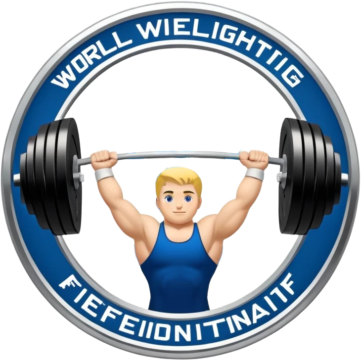 An emblem representing the World Weightlifting Federation with a stylized barbell and global elements. Bold text and clean lines symbolize strength, unity, and competition. Modern, dynamic design with a transparent background. emoji
