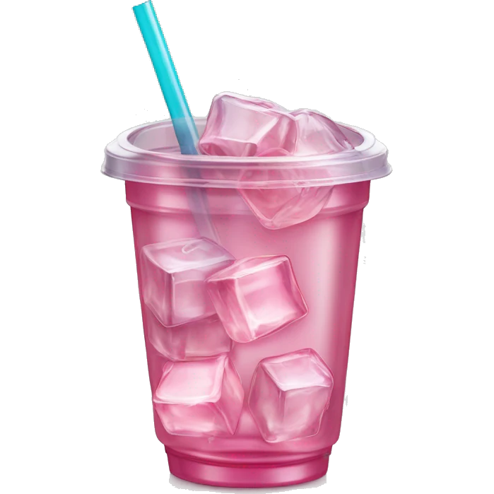 Realistic plastic cup and lid with Transluscent pink soda and large ice cubes inside and straw through the top of the lid. emoji
