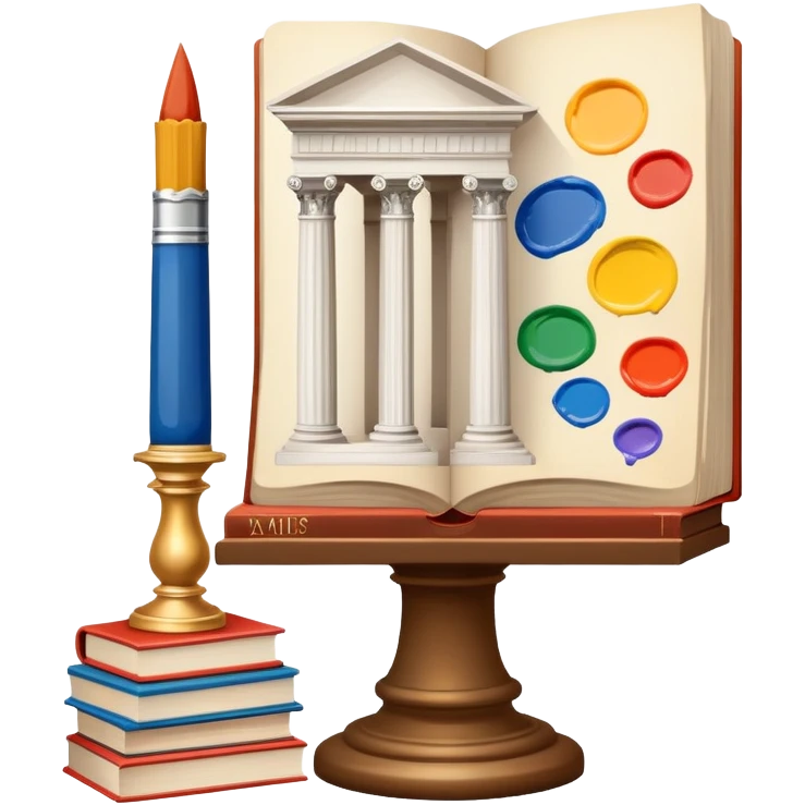 An icon featuring a paint palette, a sculpture, and a book, symbolizing the study of culture and art. The design includes a classical column and a canvas, representing art history and cultural exploration. Transparent background highlights the connection between creativity and history. emoji