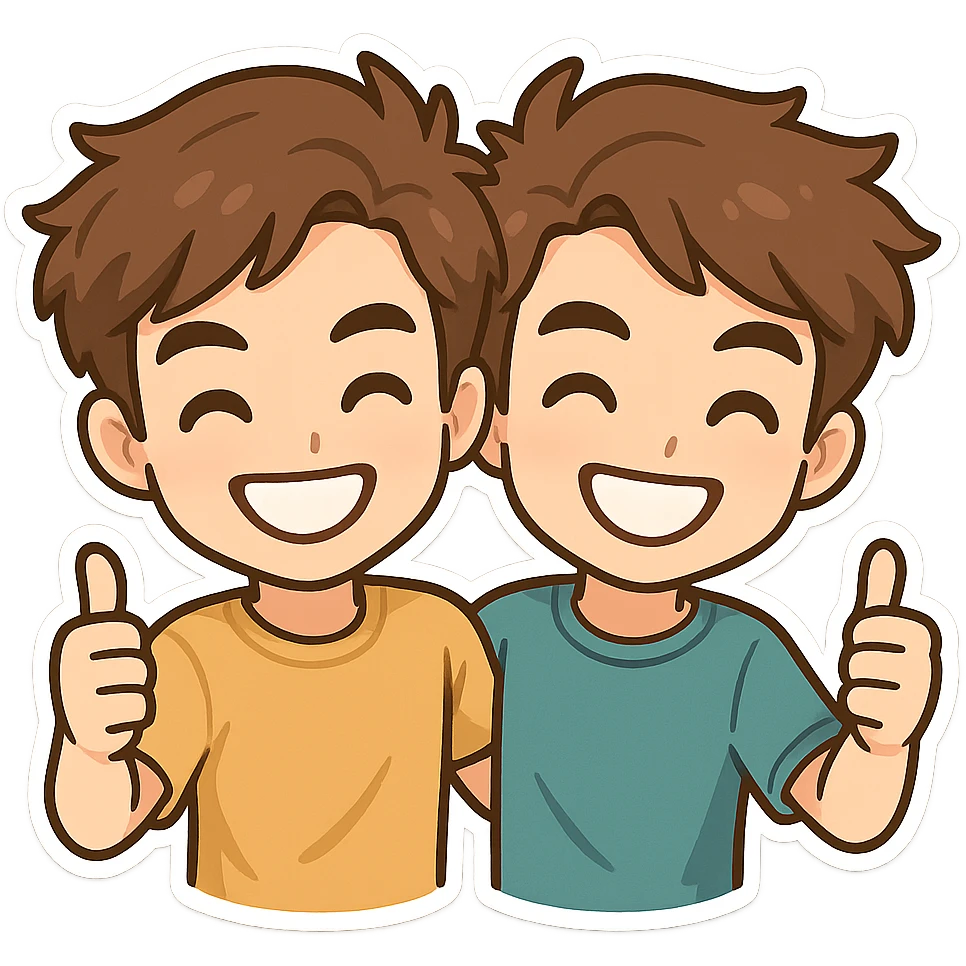 cartoon-style emoji of the Stokes Twins, two identical young men with brown hair, smiling, wearing casual clothes, friendly and energetic vibe emoji