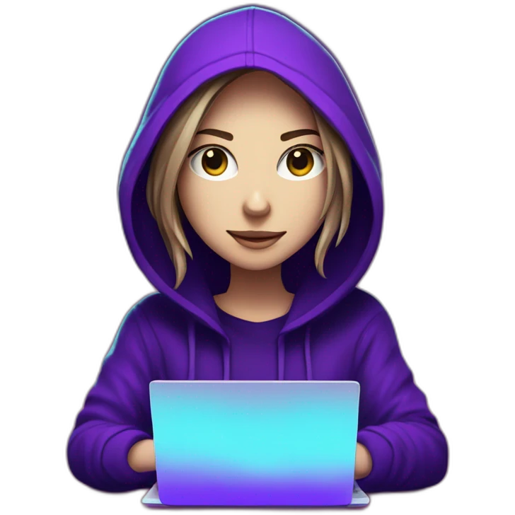  Girl artist behind his laptop with this style : Alan Walker Singer neon glowing bright purple character purple themed character emoji