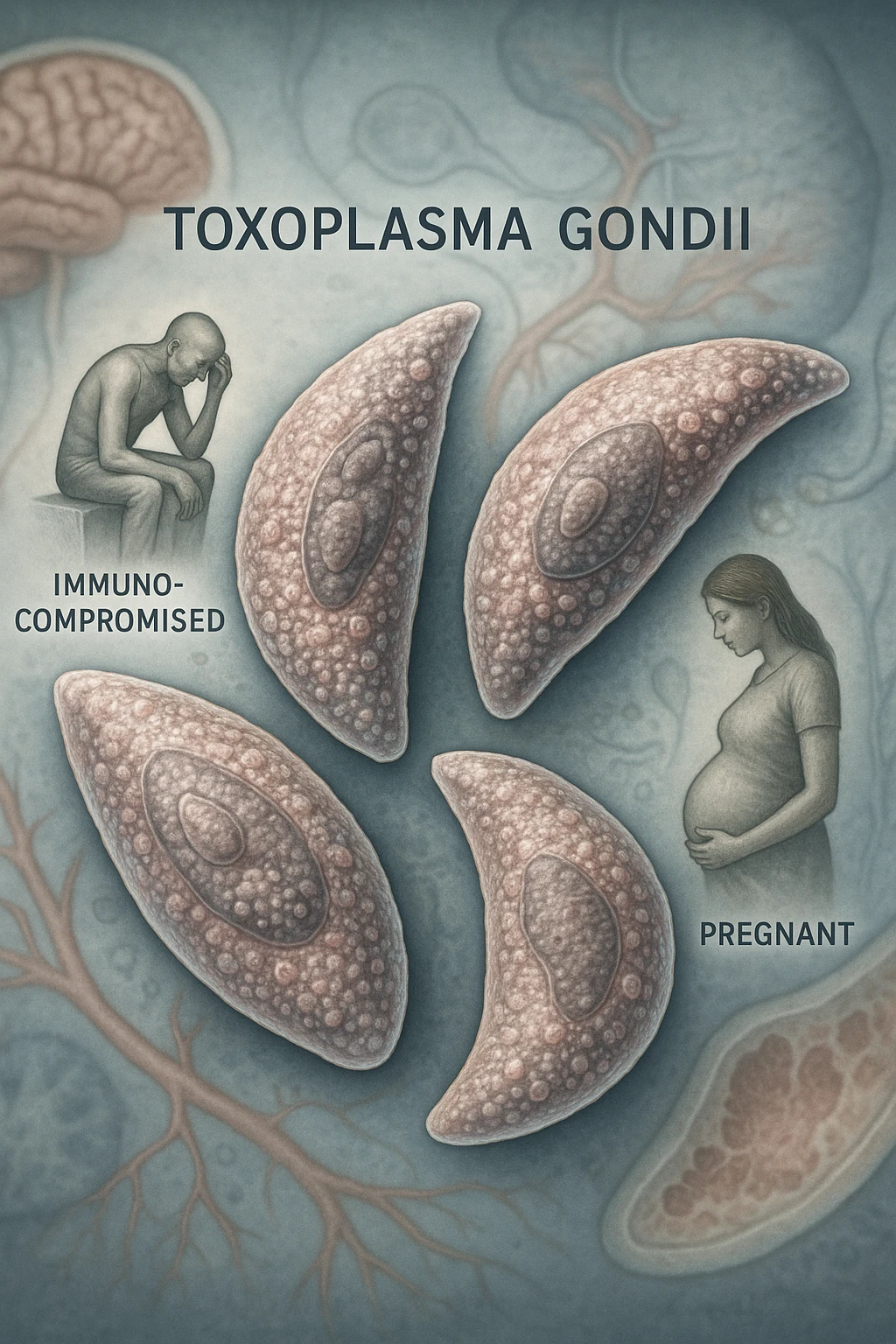 Toxoplasma gondii, infetta uomo immunodepresso e donne incinta. Causando gravi problemi tutto scritto in italiano immagine realistica emoji