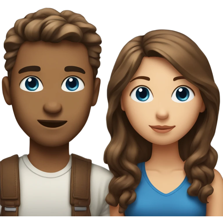 A couple kissing: a guy with blue eyes and blown hair and a girl with brown hair and wide brown eyes emoji